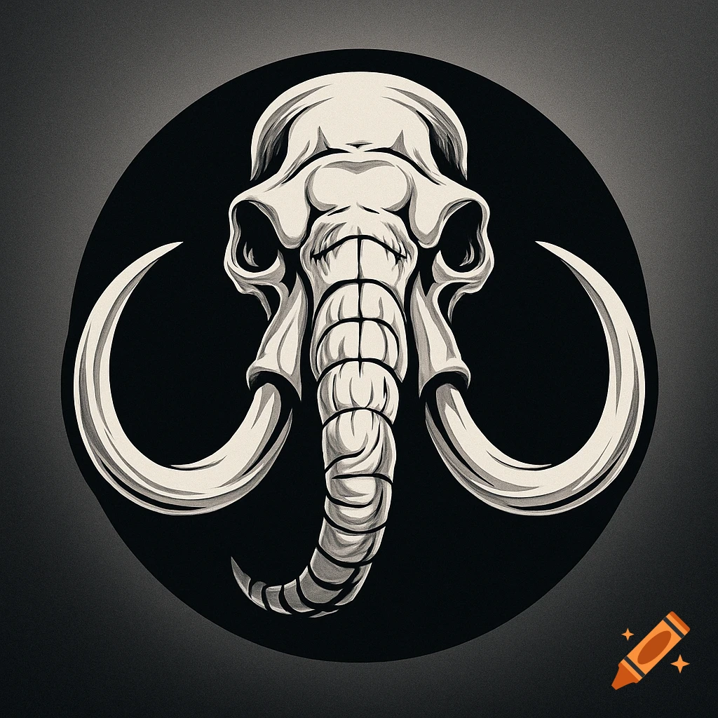 Stylized illustration of a mammoth skull with large tusks, set against a dark circular background, in monochrome.