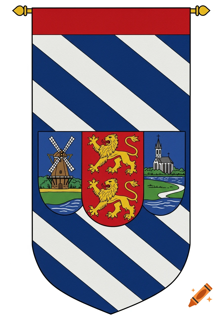 A heraldic flag for Beneden-Leeuwen with blue and white stripes, featuring a shield with a windmill, two golden lions, and a church with a river.