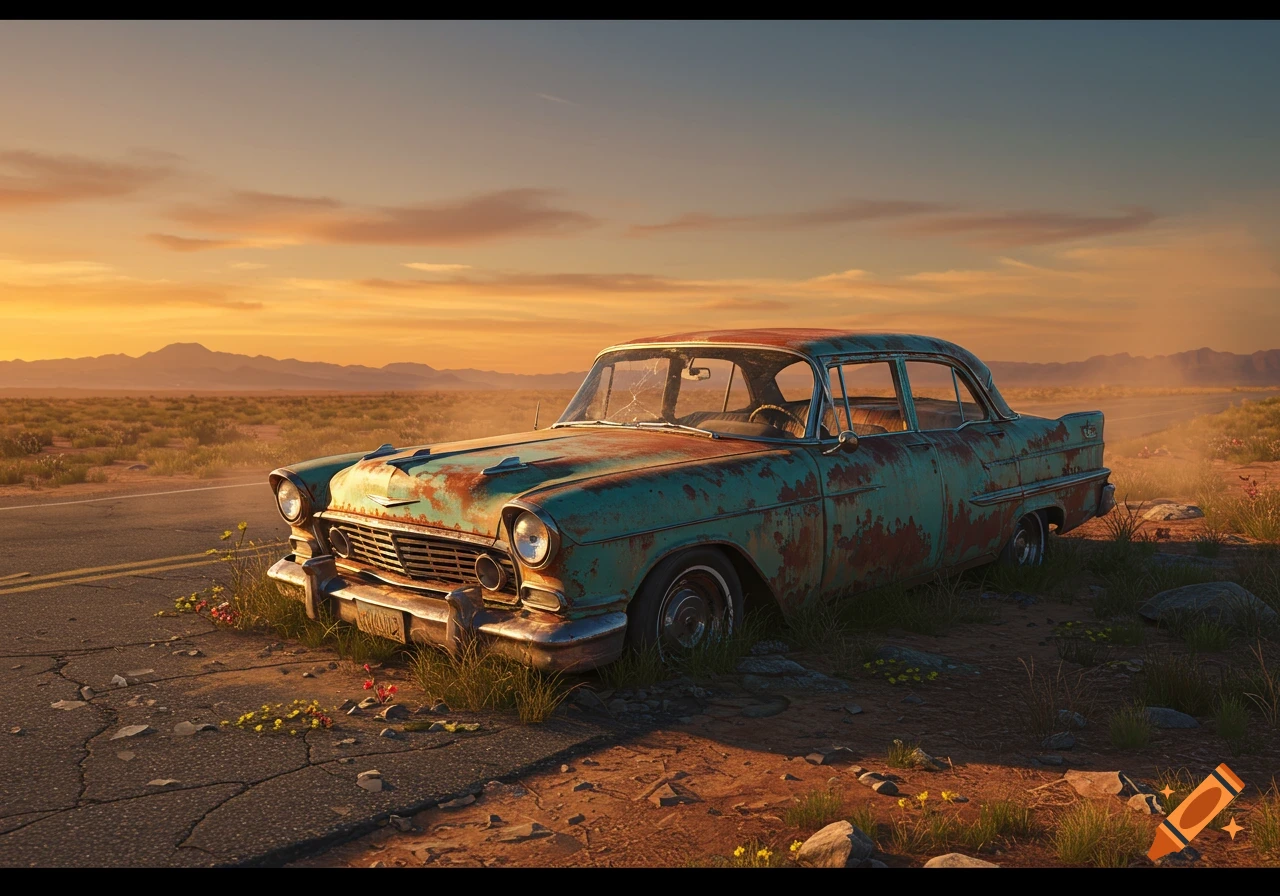 A rusty vintage car sits abandoned on a cracked desert road under a vibrant sunset sky.