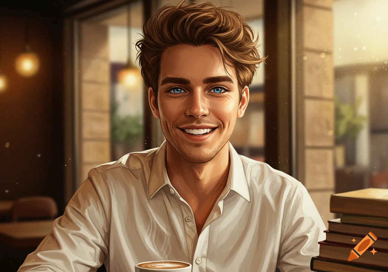 A smiling young man with brown, wavy hair and bright blue eyes, wearing a white shirt, holding a coffee cup in a warm-toned cafe.