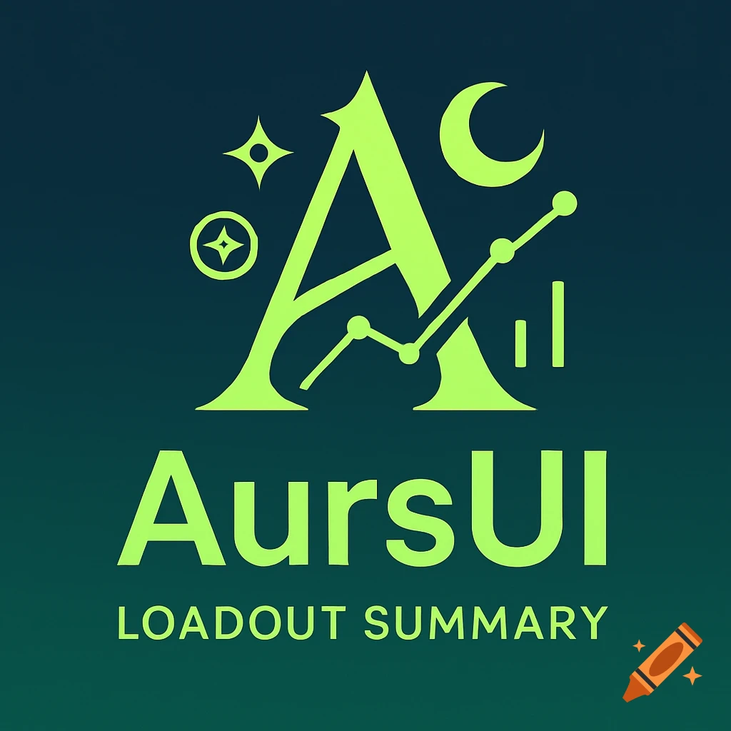 Logo for AursUI: Loadout Summary featuring a stylized 'A' with a line graph, star, and moon, in lime green on a dark blue-green gradient background.