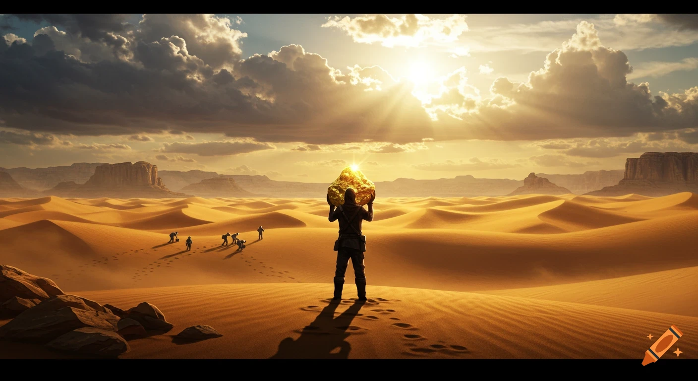 A person holds a glowing gold nugget in a vast desert landscape under a dramatic sky, with other miners searching in the distance.