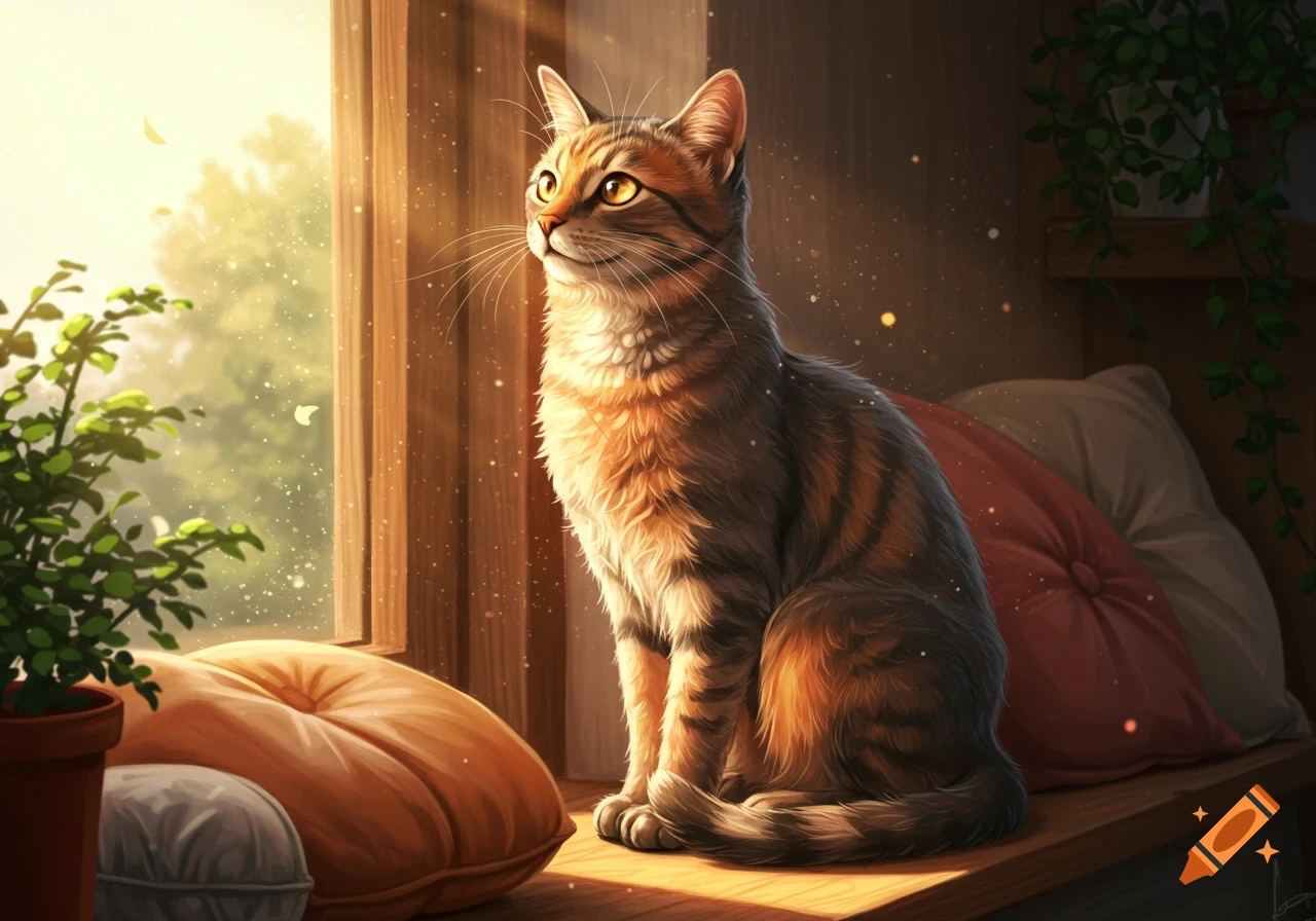 A tabby cat sits on a sunlit window sill next to pillows and plants, looking out. Digital art.