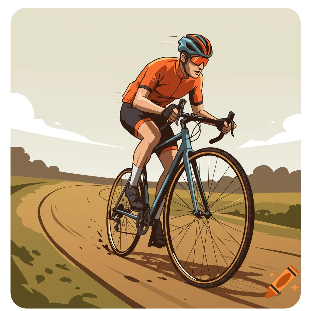 Illustration of a male cyclist in orange and black gear riding a bicycle on a dirt path.