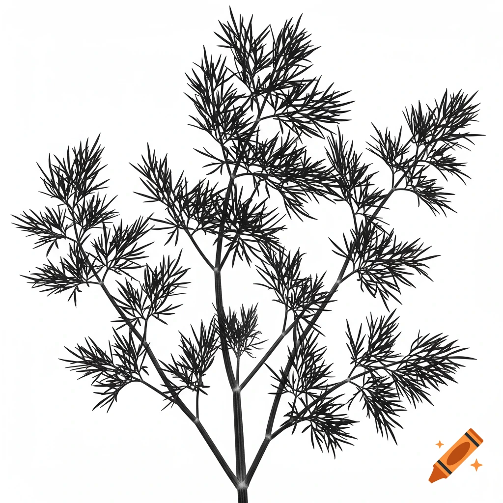 Black and white iconographic illustration of a dill herb with feathery foliage.