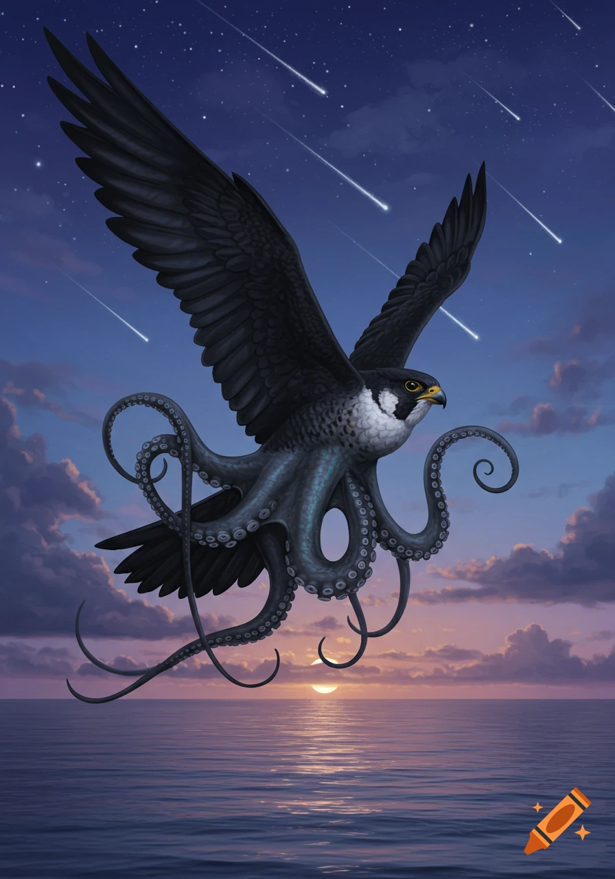 A majestic falcon-octopus hybrid soars through a starry dusk sky over a tranquil ocean at sunset.