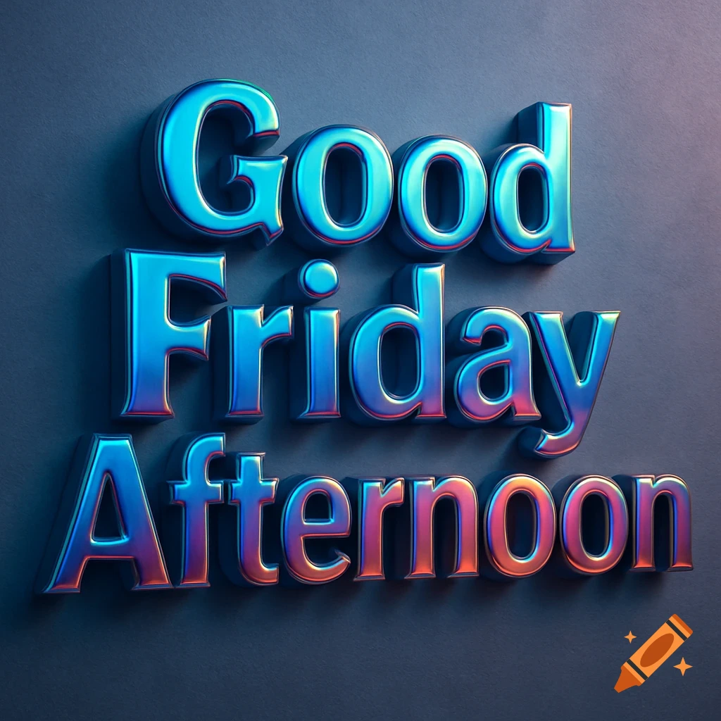 3D glossy metallic text in vibrant blue and pink gradient reads "Good Friday Afternoon" on a cool gray background.