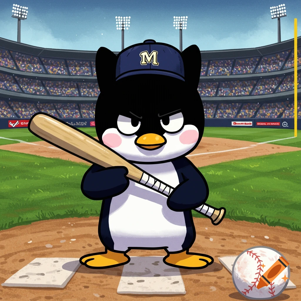 A cartoon penguin wearing a blue baseball cap with an "M" on it, holding a baseball bat, standing on a baseball field with a baseball at its feet.