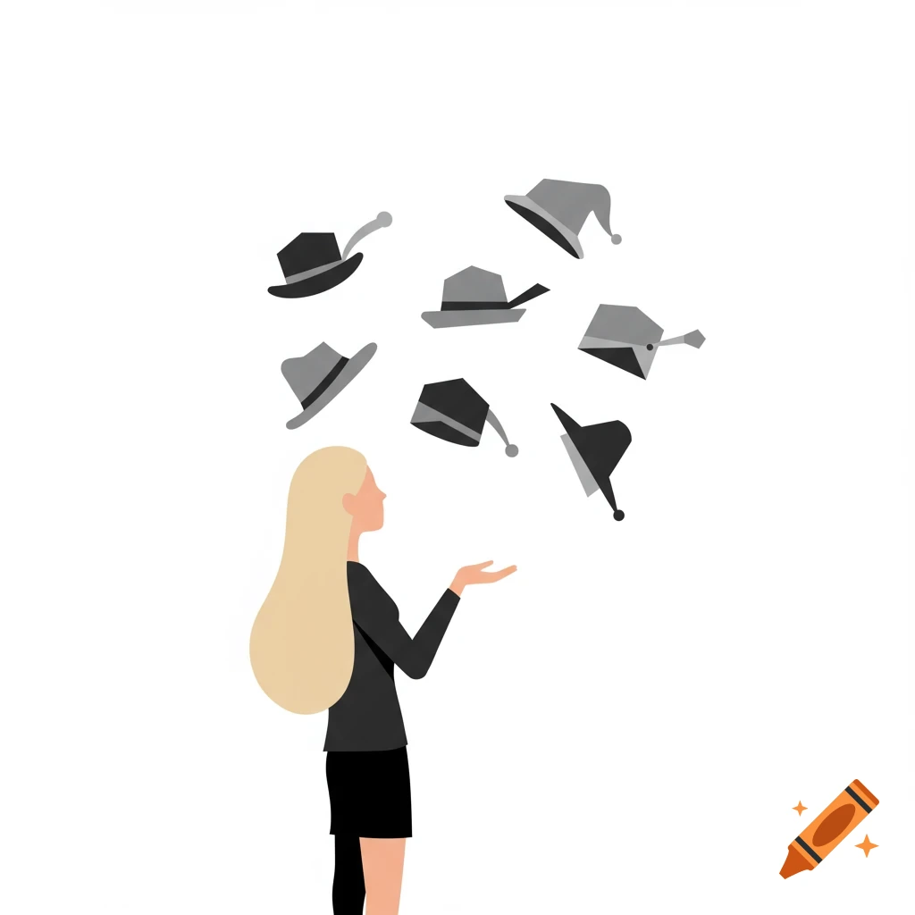 A minimalist illustration of a blonde woman with long hair looking at several hats floating above her.