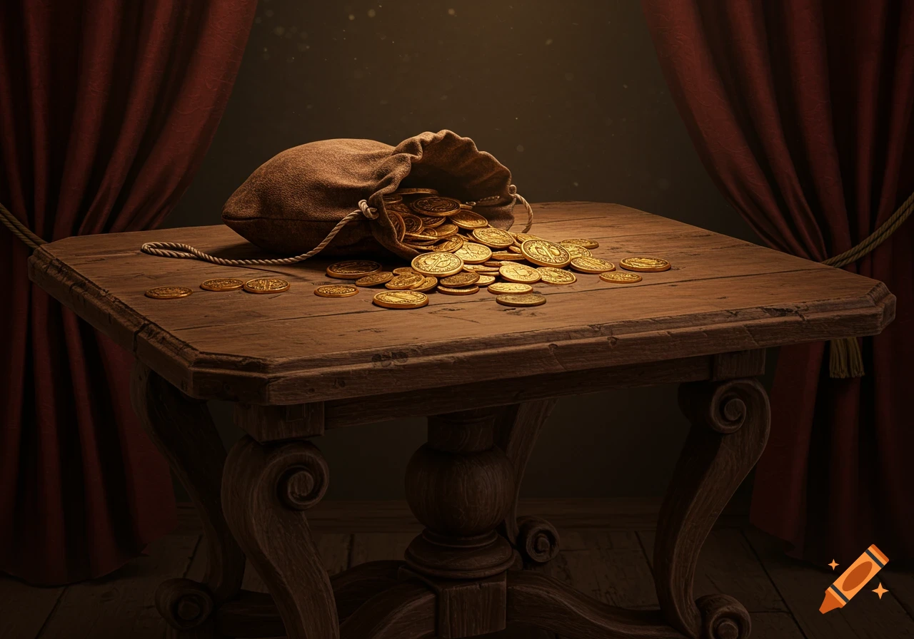 A brown bag of gold coins spilled onto a dark wooden table, with red curtains in the background. Photorealistic style.