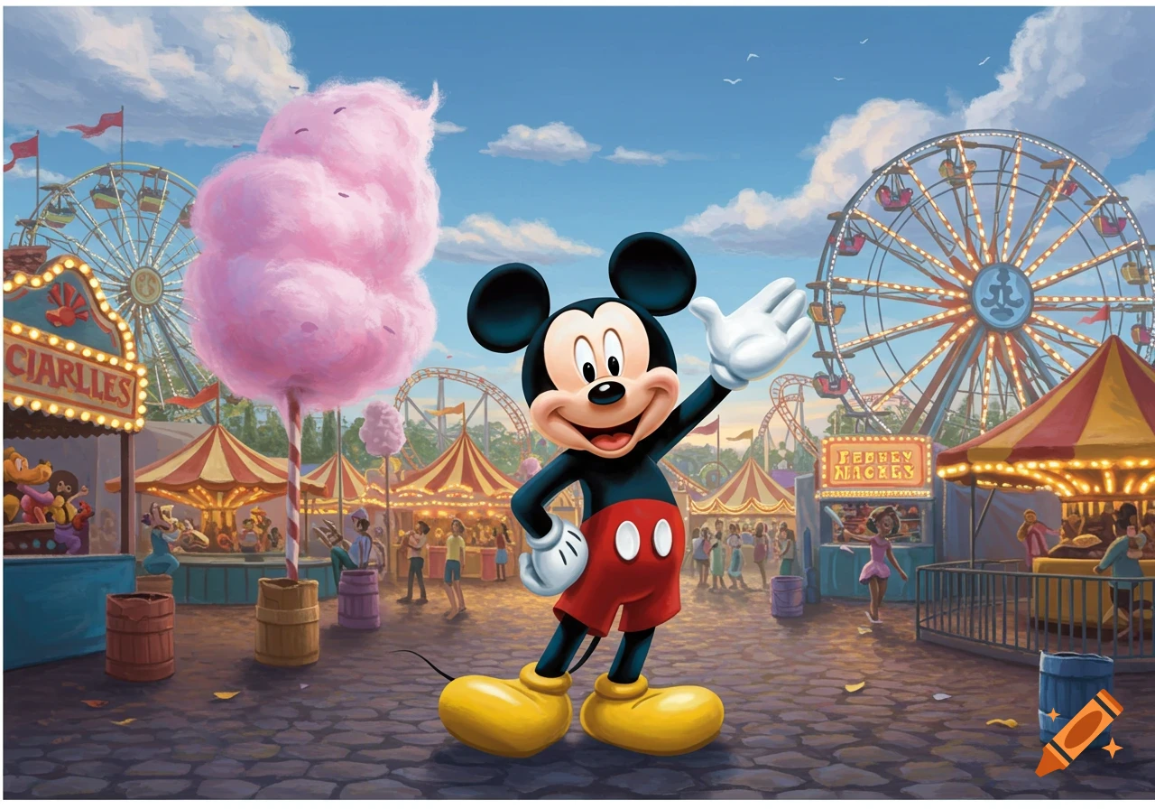 Mickey Mouse waves in a vibrant, cartoon-style carnival scene with Ferris wheels, tents, and a giant pink cotton candy.