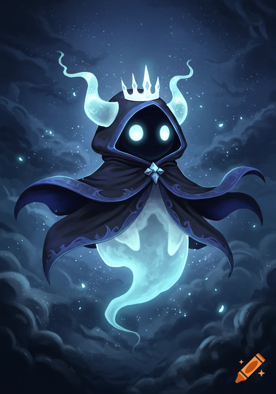 A cute, glowing ghost in a dark hooded cloak with a crown and two light-blue horns floats against a starry, cloudy night sky.