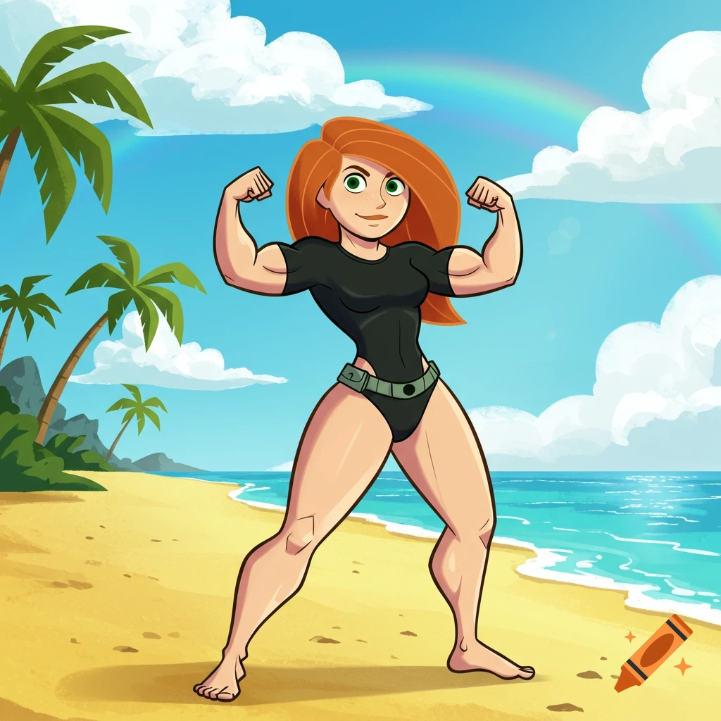Cartoon Kim Possible flexing her muscular arms on a sunny beach with palm trees and a rainbow.