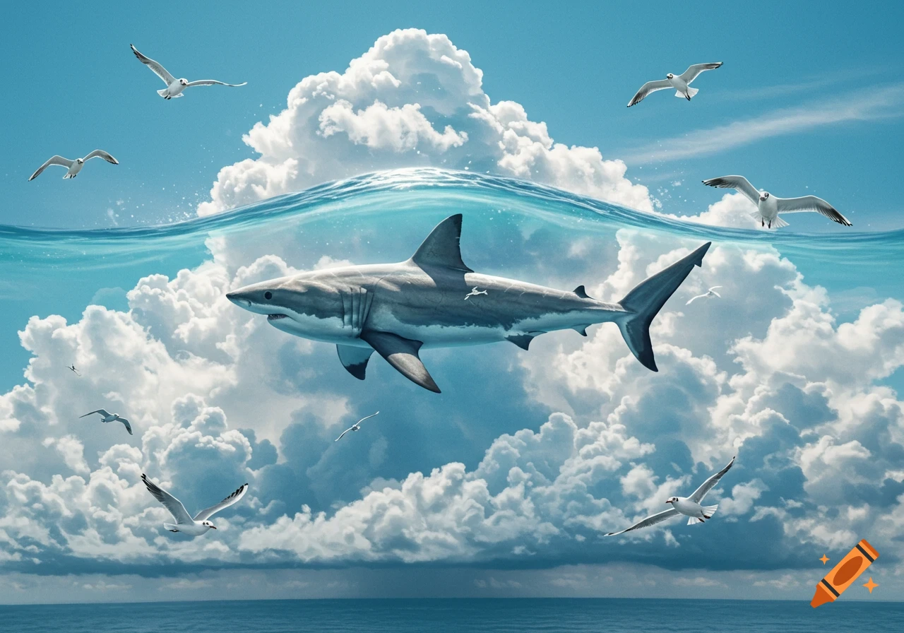 A large great white shark swims through a blue sky filled with white clouds, partially submerged in a wavy ocean. Several seagulls fly around it.