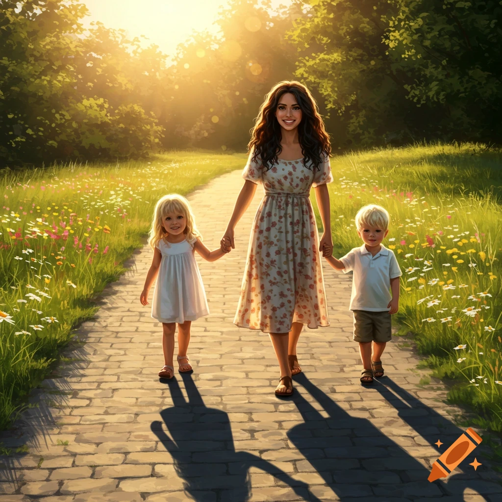 A mother holds hands with a young girl and boy, walking on a sunny path through a vibrant wildflower meadow.