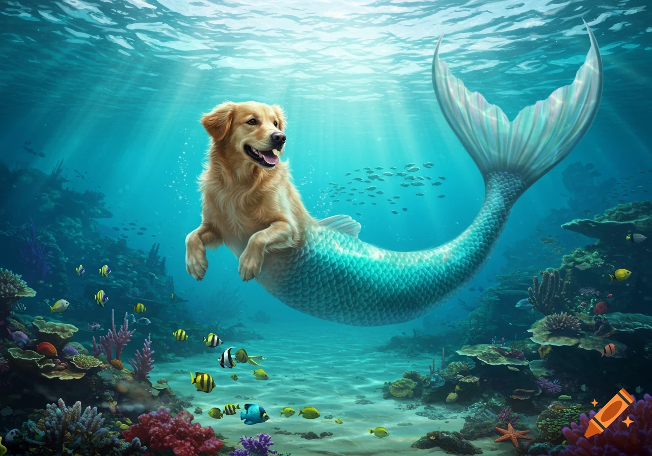 A happy Golden Retriever with a shimmering blue-green mermaid tail swims gracefully in a vibrant coral reef.