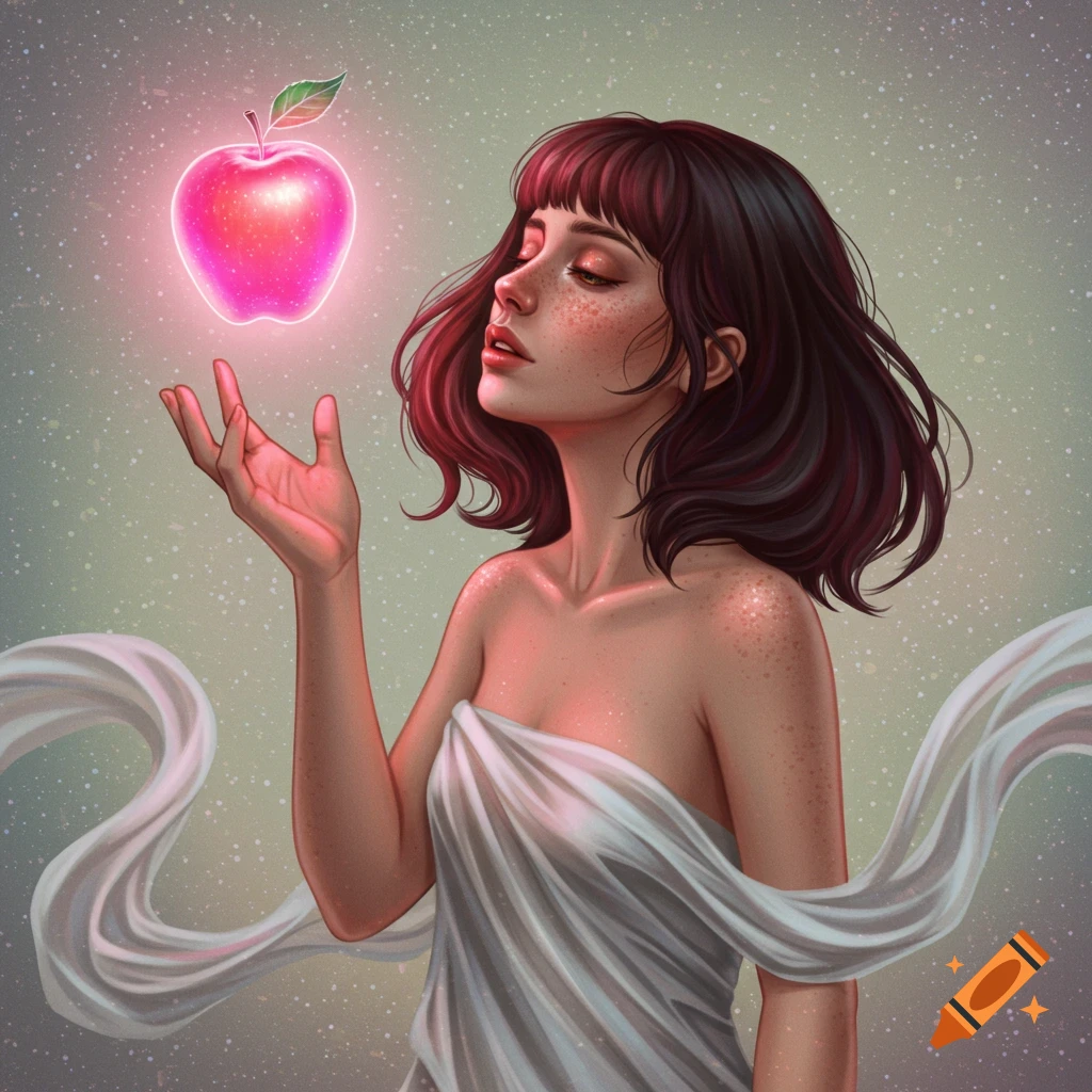 Digital art of a woman with dark hair and freckles reaching for a glowing pink apple in a cosmic background.