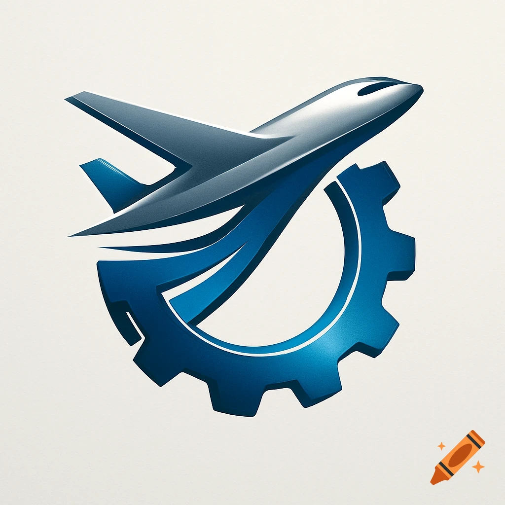 Sleek blue and silver airplane logo soaring over a blue mechanical gear.