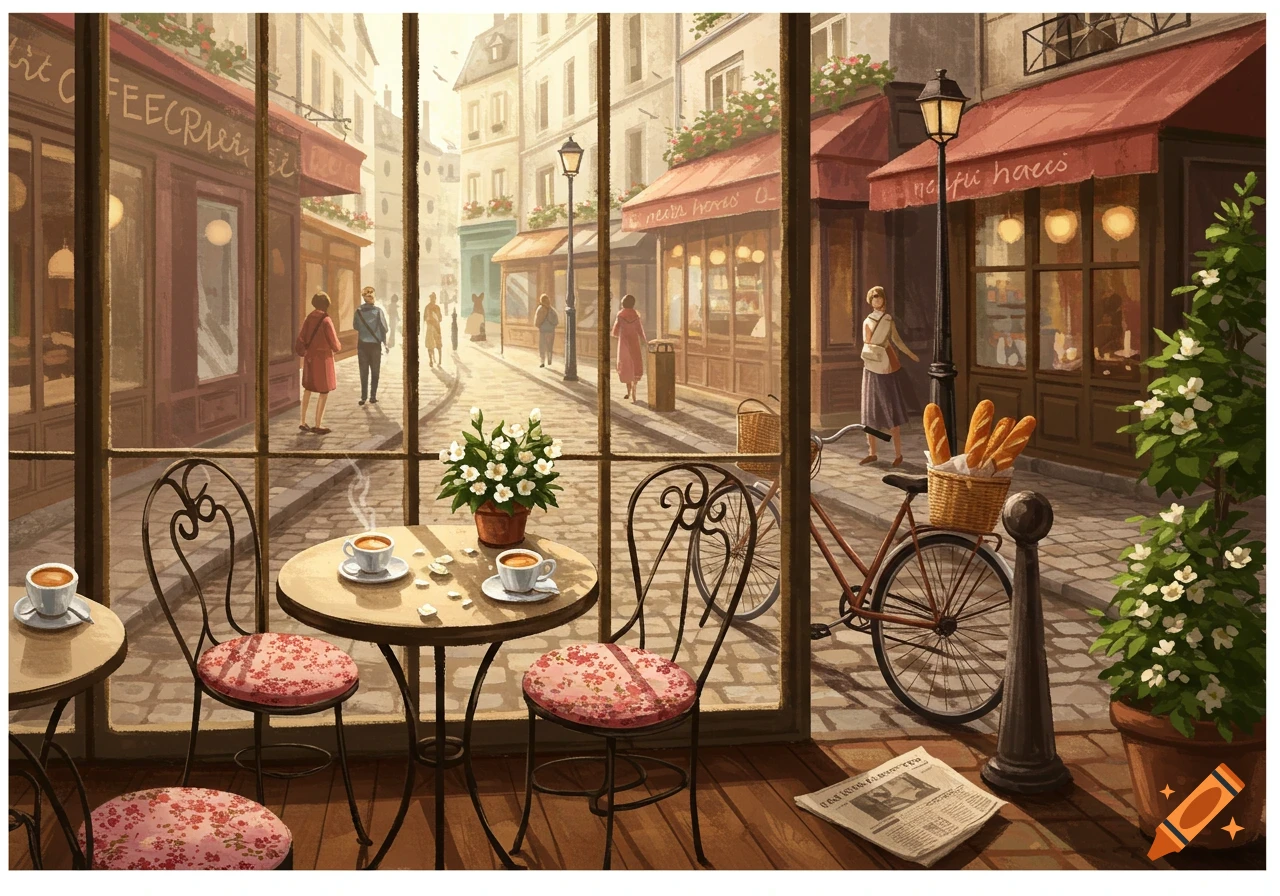 A painterly view from inside a Parisian cafe, looking out onto a bustling street with shops and a bicycle with baguettes.