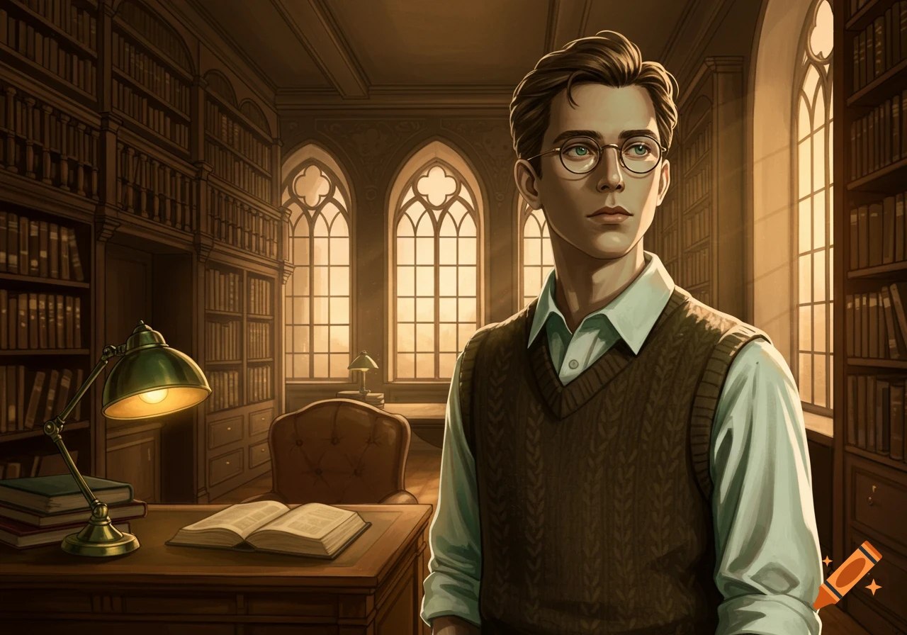An illustrated young man wearing glasses and a vest stands in a grand library with large windows and bookshelves.