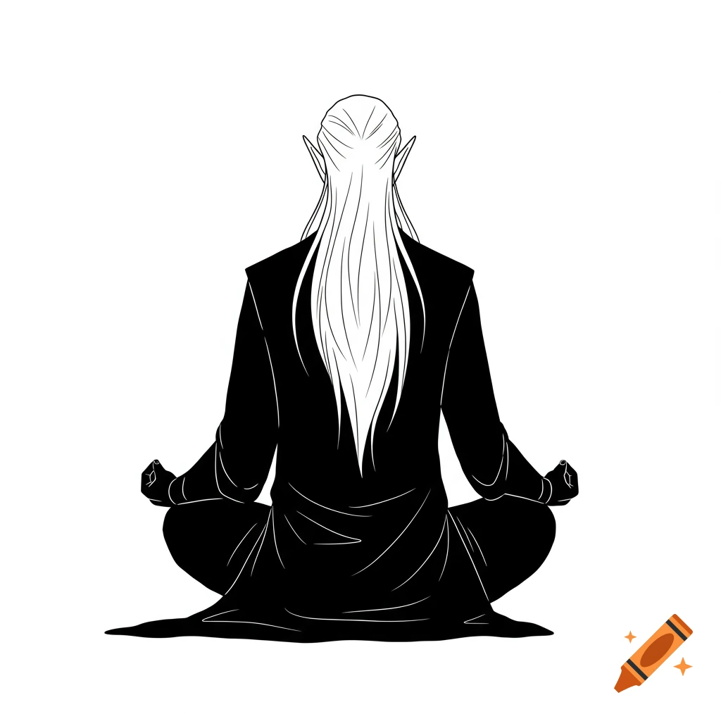 Black and white vector illustration of a male elf with long hair and pointed ears, seen from the back, meditating in a cross-legged position.