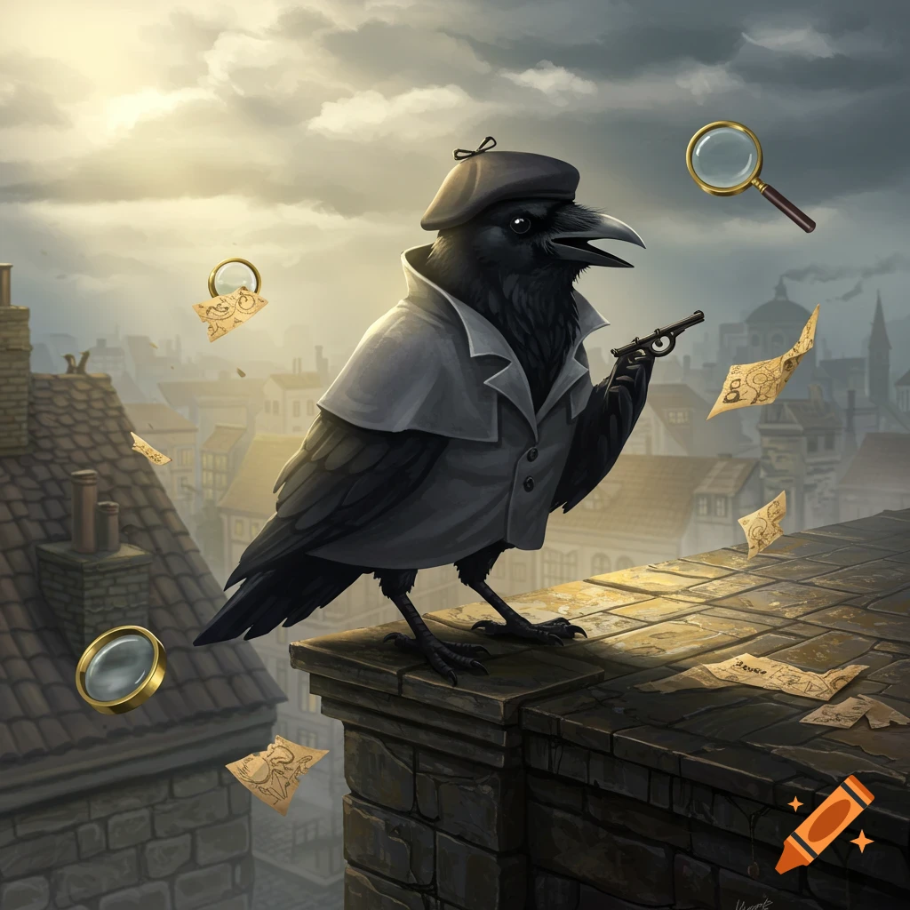 A stylized crow detective in a grey trench coat and beret stands on a stone rooftop, holding a small pistol. Magnifying glasses and scattered papers float around a city backdrop under a cloudy sky.