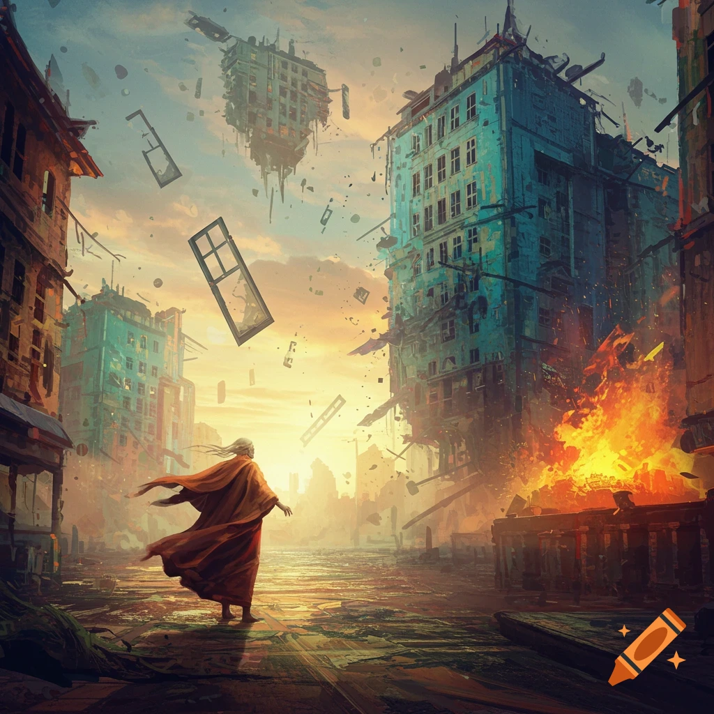 A robed figure stands in a ruined, post-apocalyptic city street with collapsing buildings, floating debris, and a large fire.