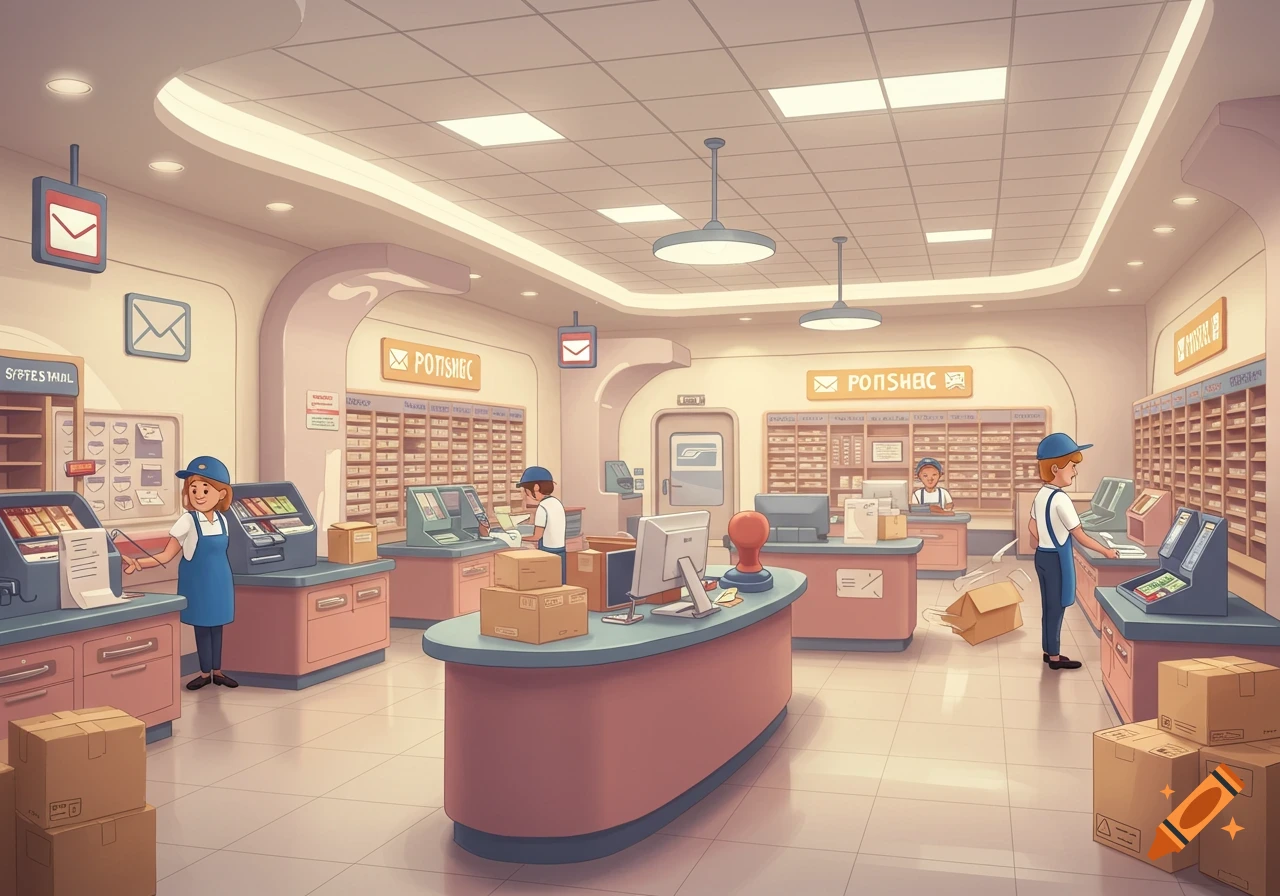 A cartoony illustration of a bustling post office interior, with staff at counters, mailboxes lining the walls, and several cardboard boxes on the floor.