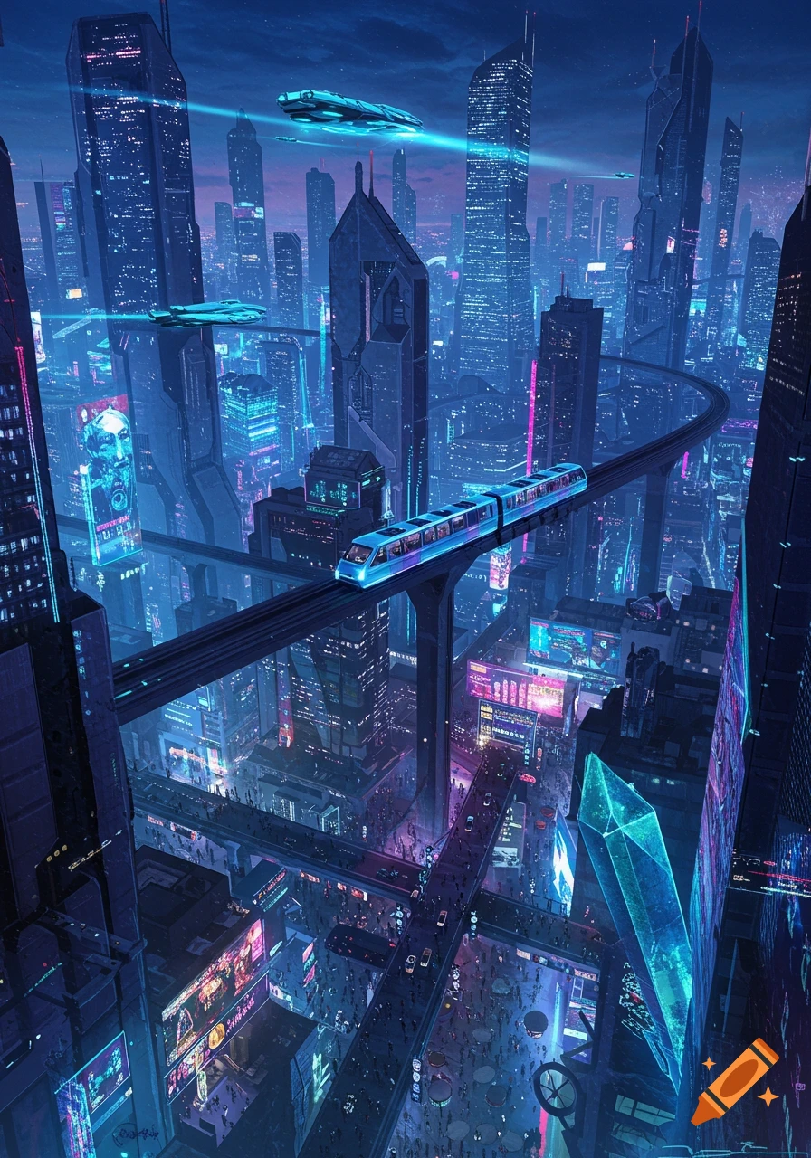 A vibrant futuristic cityscape at night, with towering skyscrapers, a glowing monorail, and flying vehicles under a dark sky.