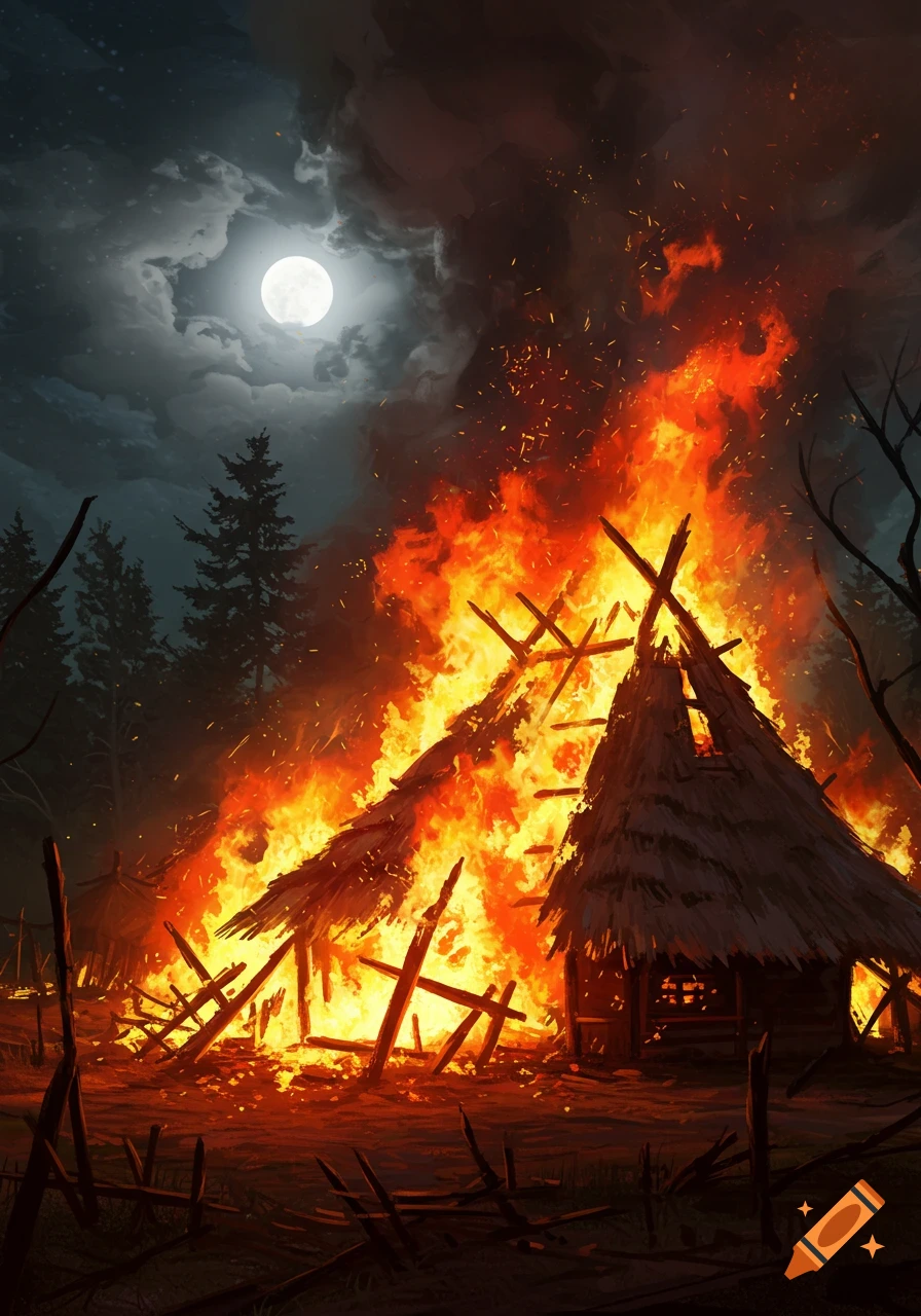 A large village hut engulfed in vibrant flames at night under a full moon, surrounded by dark trees and smoke.