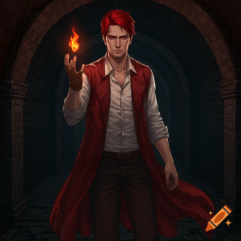 An anime man with red hair and eyes in a red coat conjures a flame in a dark dungeon.