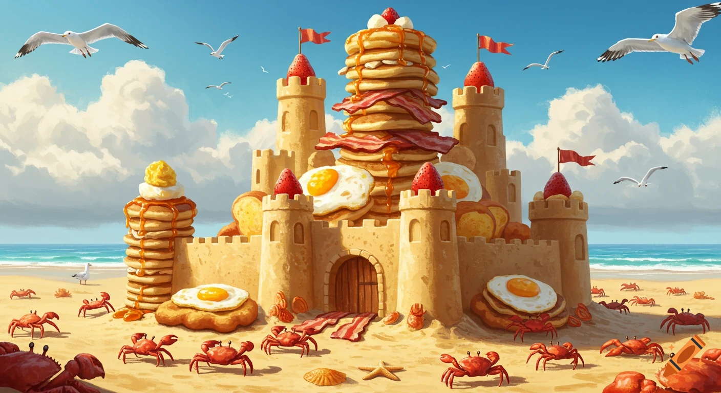 A whimsical sandcastle made of stacked pancakes, bacon, toast, and fried eggs stands on a sunny beach, surrounded by red crabs and flying seagulls.