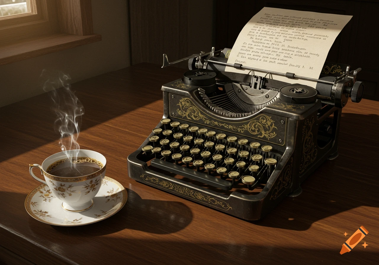 A vintage typewriter with a sheet of paper and a steaming cup of coffee on a wooden desk near a window, lit by sunlight.