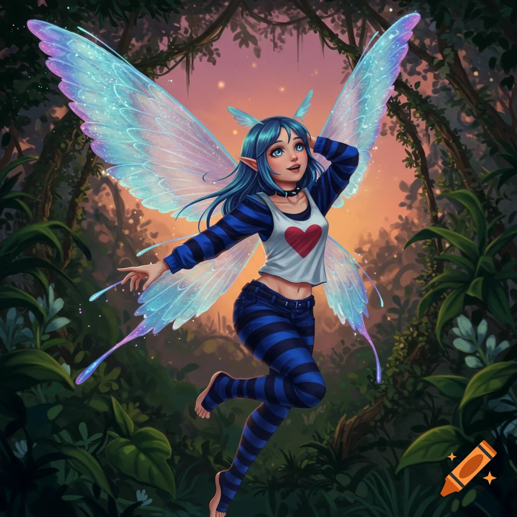 Vibrant anime fairy girl with blue hair and iridescent wings floats in a lush jungle at sunset, wearing a blue striped top and pants.