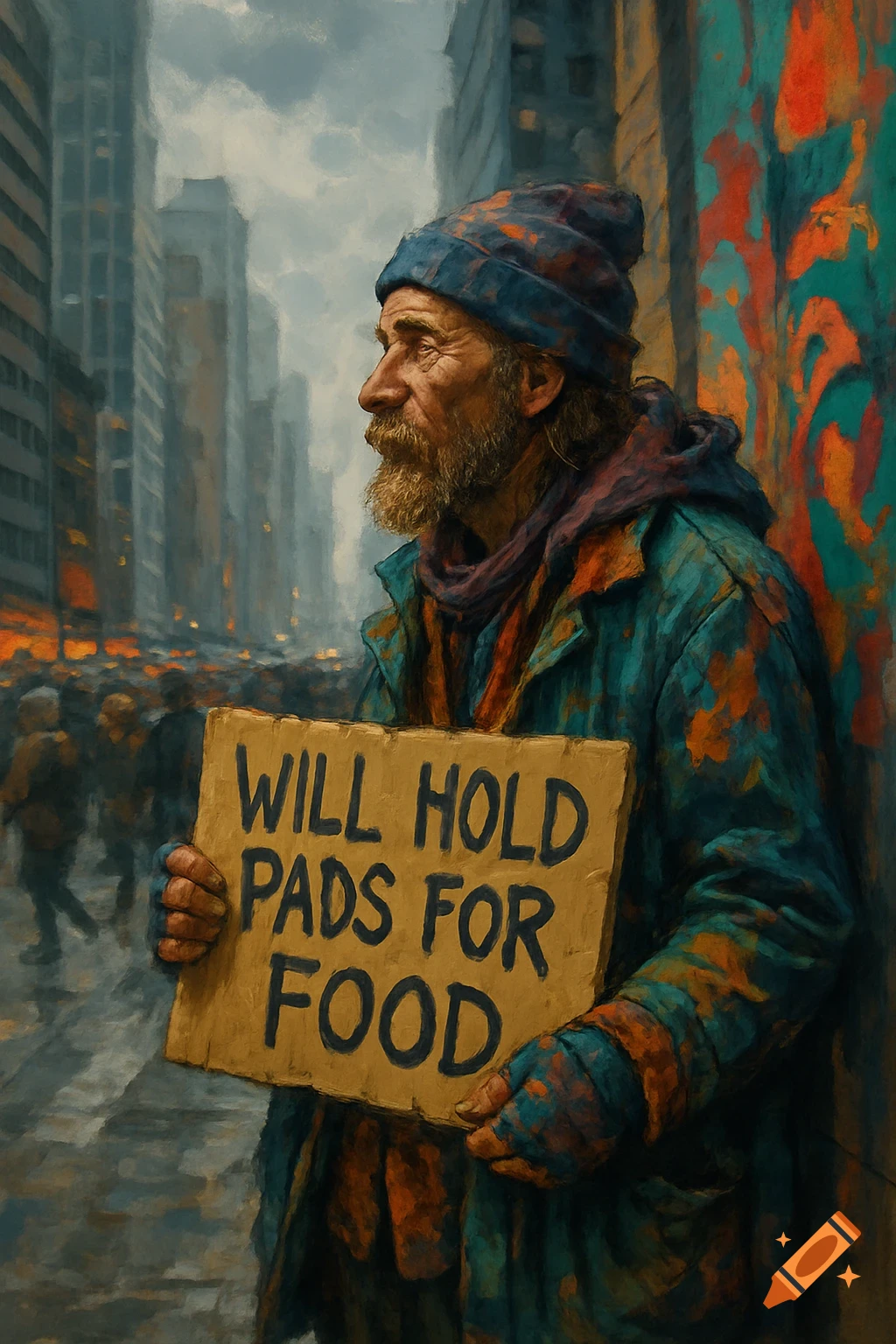 A bearded man in a blue beanie and patched coat holds a sign reading "WILL HOLD PADS FOR FOOD" on a busy city street in a painterly style.