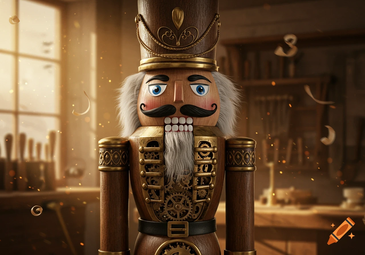 An illustrated nutcracker with a wooden body and golden accents, featuring exposed gears in its chest, stands in a warm, sunlit workshop.