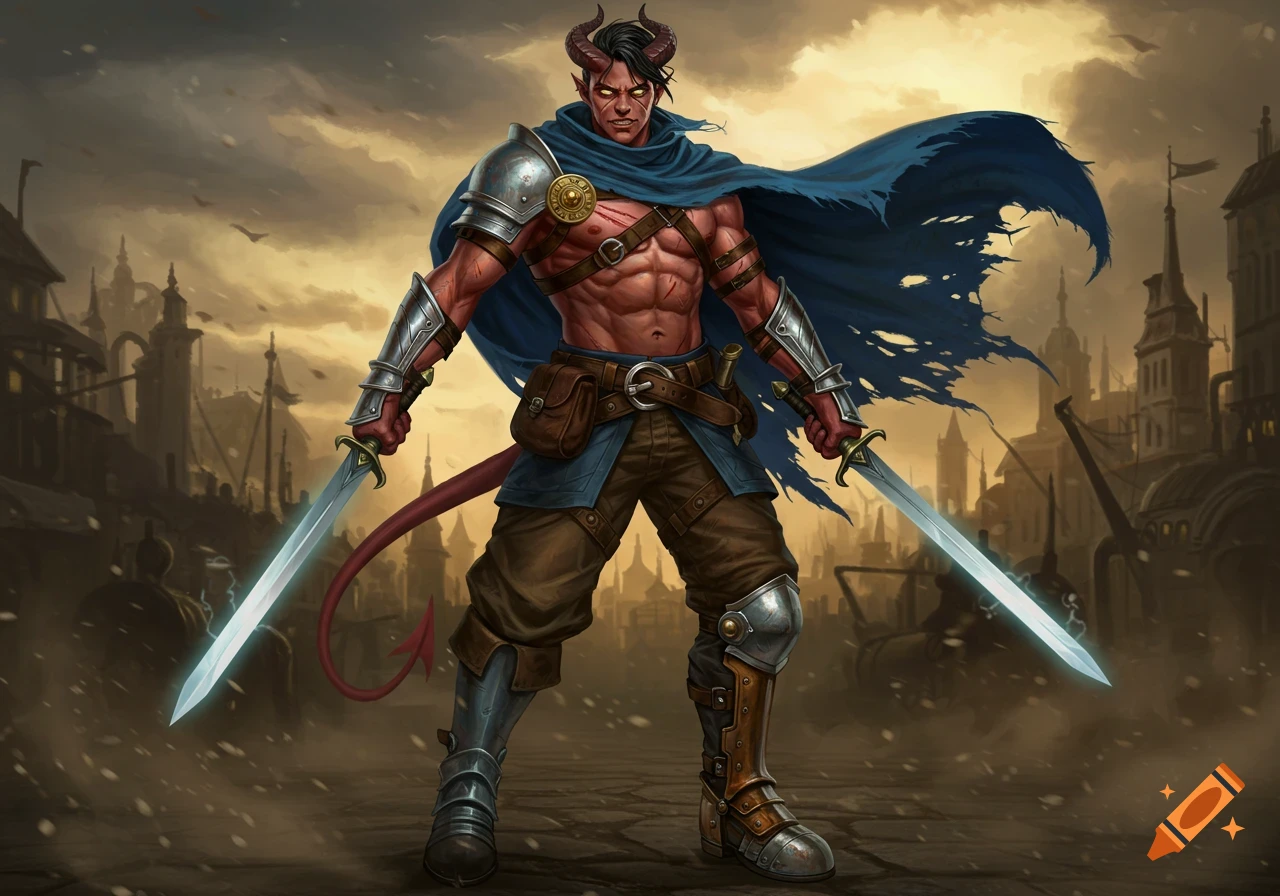 Muscular red-skinned tiefling warrior with horns, glowing eyes, and a devil tail, duel-wielding swords in a ruined city.