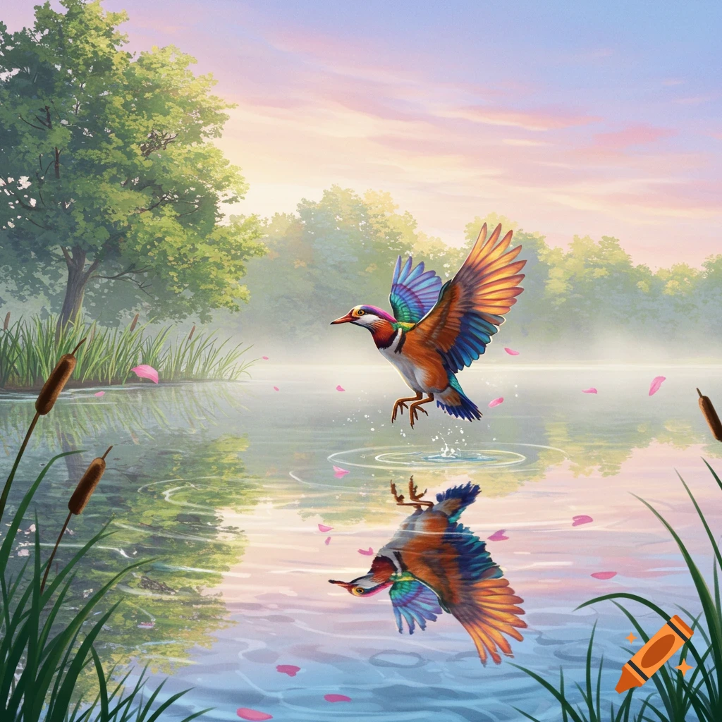 A colorful bird flies low over a serene lake at dawn/dusk, its reflection mirrored in the calm water, surrounded by trees and pink petals.