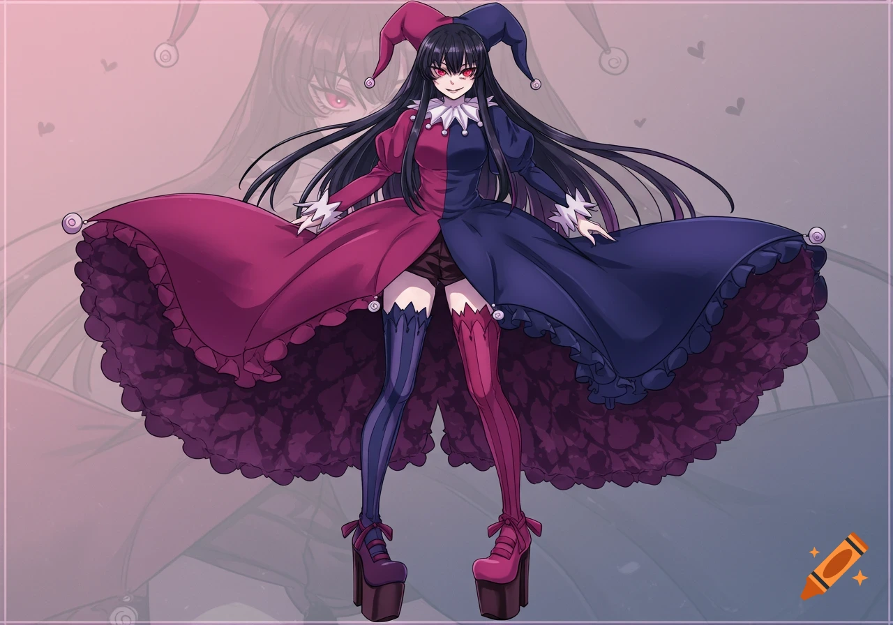An anime girl in a two-toned dark pink and dark purple jester outfit with long black hair, glowing red eyes, and a mischievous smile, wearing striped socks and platform shoes.