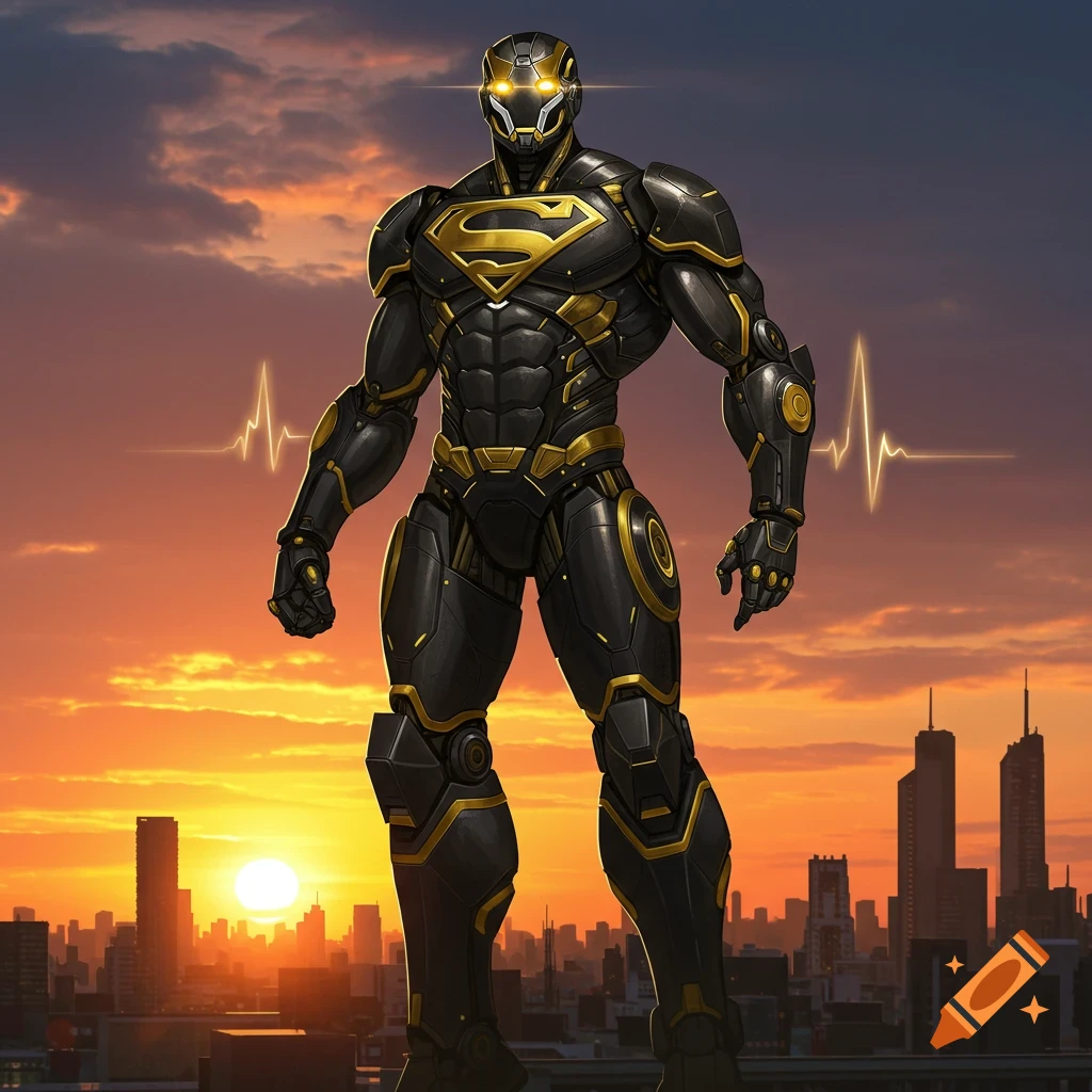 A black and gold armored robot superhero with an 'S' symbol on its chest stands over a city skyline at sunset.