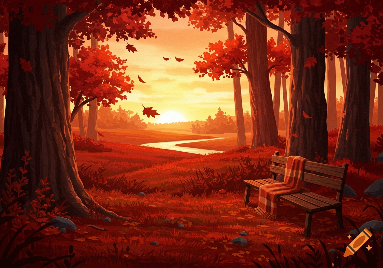 A vibrant, stylized autumn forest at sunset with red and orange trees, a winding river, and a wooden bench with a blanket.