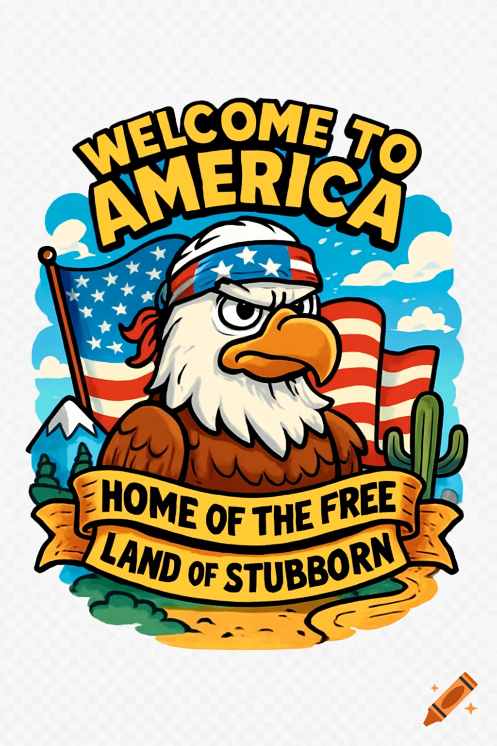 A cartoon bald eagle wearing an American flag bandana, with US flags, mountains, and a cactus in the background, and text 'Welcome to America, home of the free, land of stubborn'.