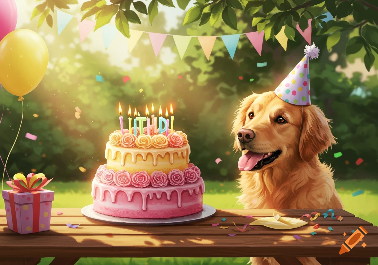 A happy golden retriever wearing a party hat sits beside a two-tier birthday cake with lit candles and balloons on an outdoor picnic table.