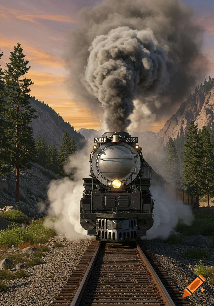 A majestic black steam locomotive travels on tracks through a mountainous forested landscape under an orange sunset sky, emitting a large plume of smoke.