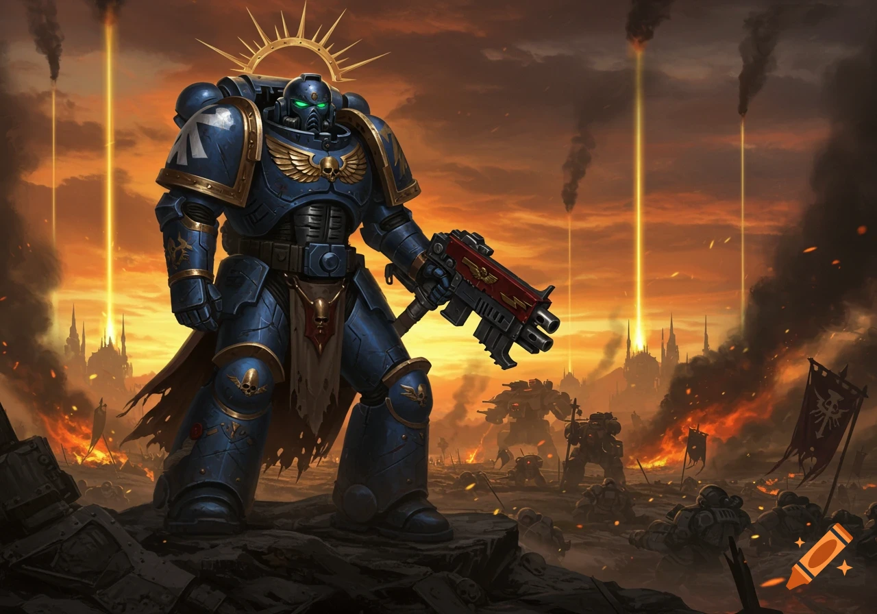 A blue armored Warhammer 40k Space Marine with a gun stands on a battle-scarred landscape under an orange, smoky sky.