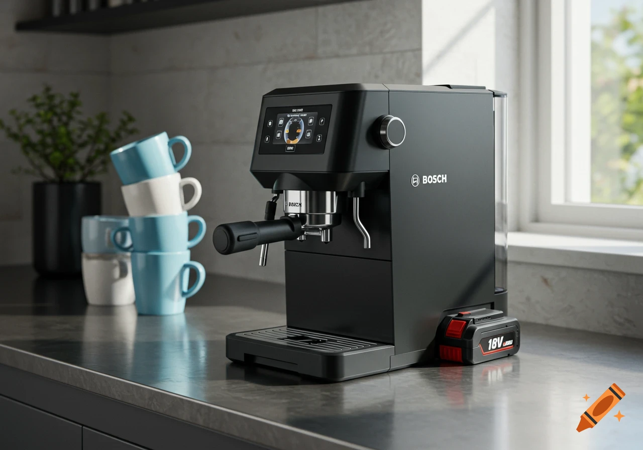 A black Bosch professional coffee machine with an 18V battery on a kitchen counter next to stacked light blue and white mugs.