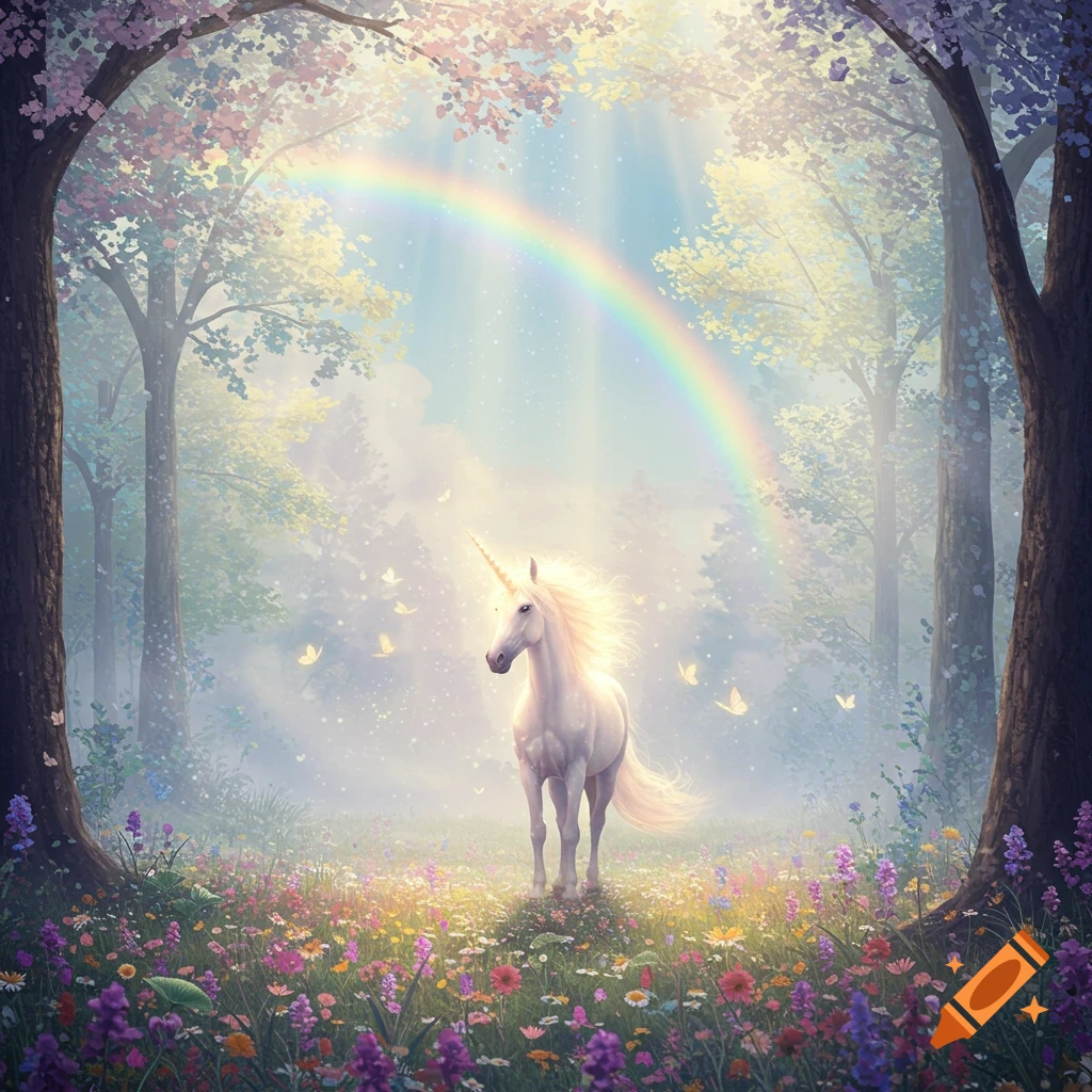 A majestic unicorn stands in a sunlit, misty forest clearing filled with colorful wildflowers, under a vibrant rainbow.