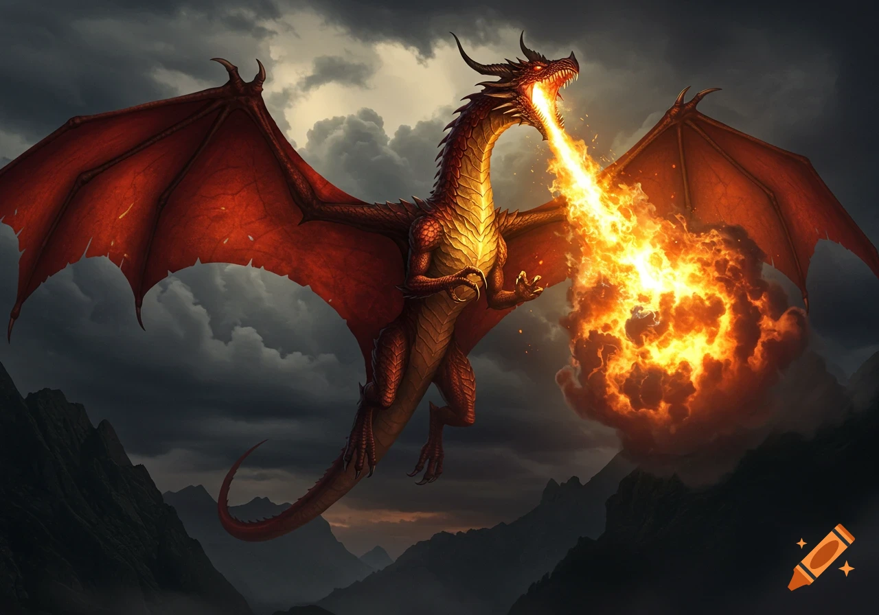 A powerful red dragon with large wings flies through a dark, cloudy sky, breathing a massive burst of fire over mountains.