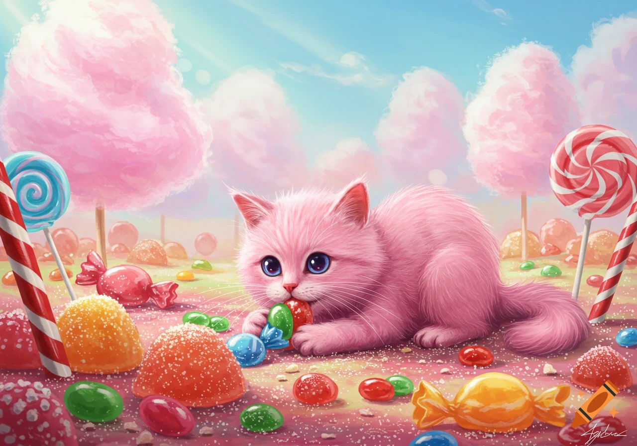 Cute pink kitten nibbles colorful candies in a vibrant, whimsical candy land with cotton candy trees.