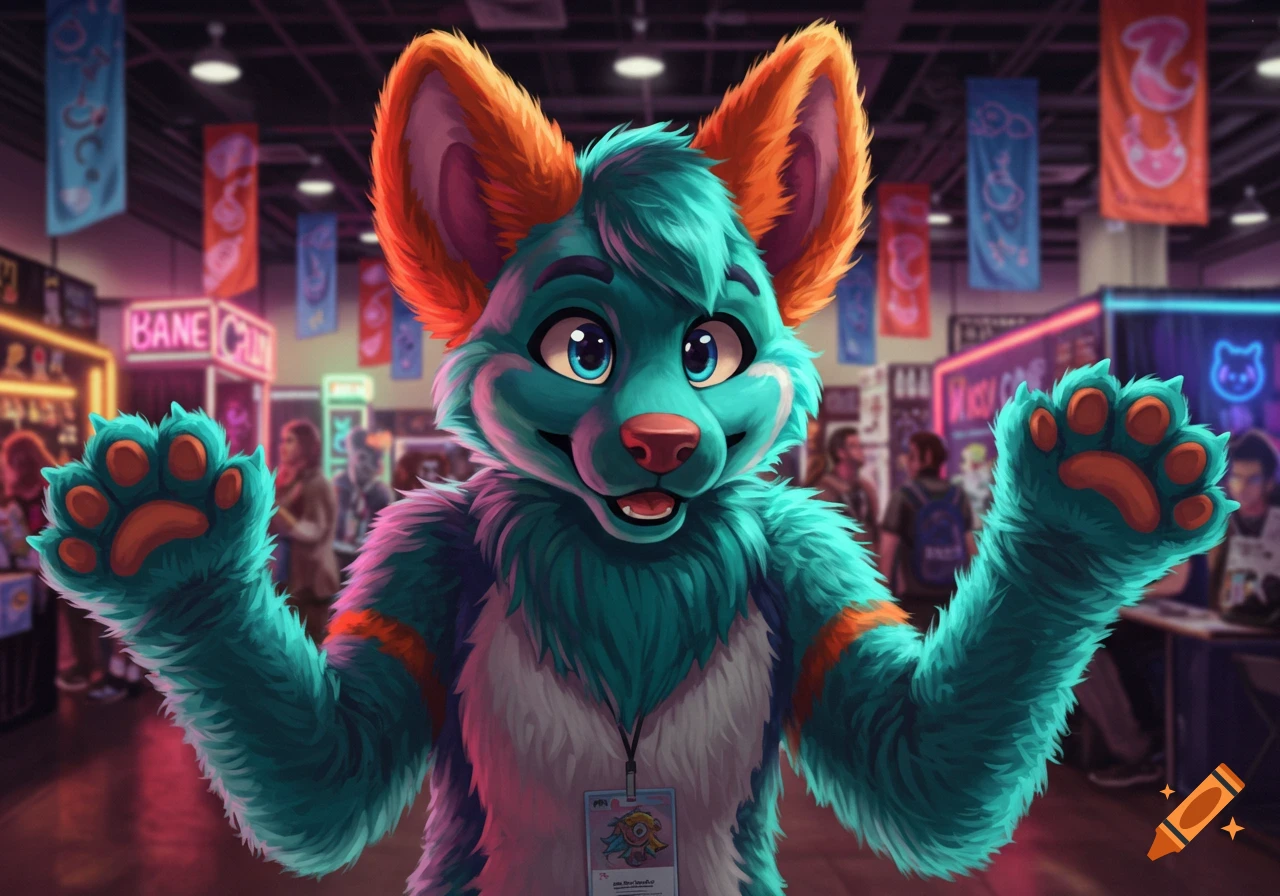 A smiling teal and orange furry character with big ears and paws, arms raised, at a convention.